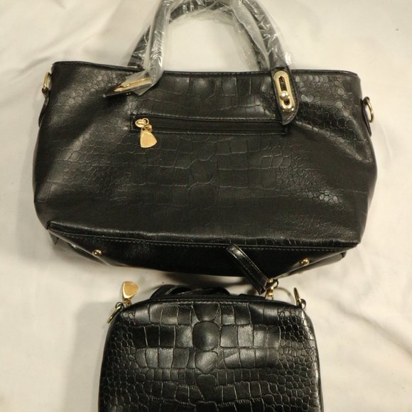 Black Vegan Croc Print Handbag + Crossbody Purse Set New - Picture 2 of 8